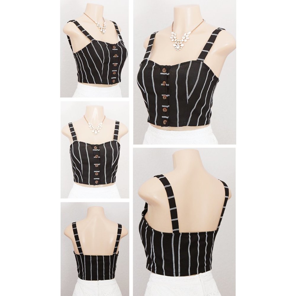 Black Striped Linen Cotton Button Up Cropped Top - Picture 3 of 8